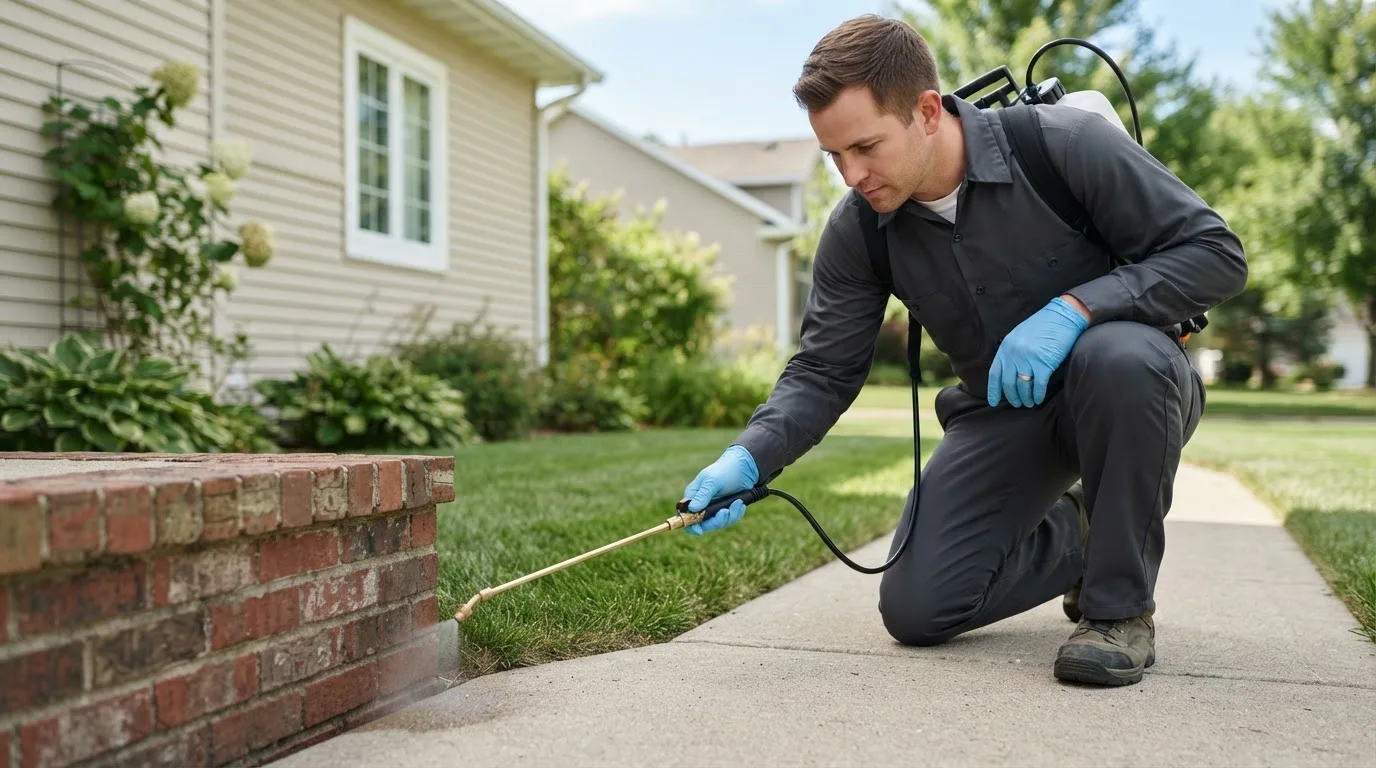 Pest control technician treating a home near Imogene, IA