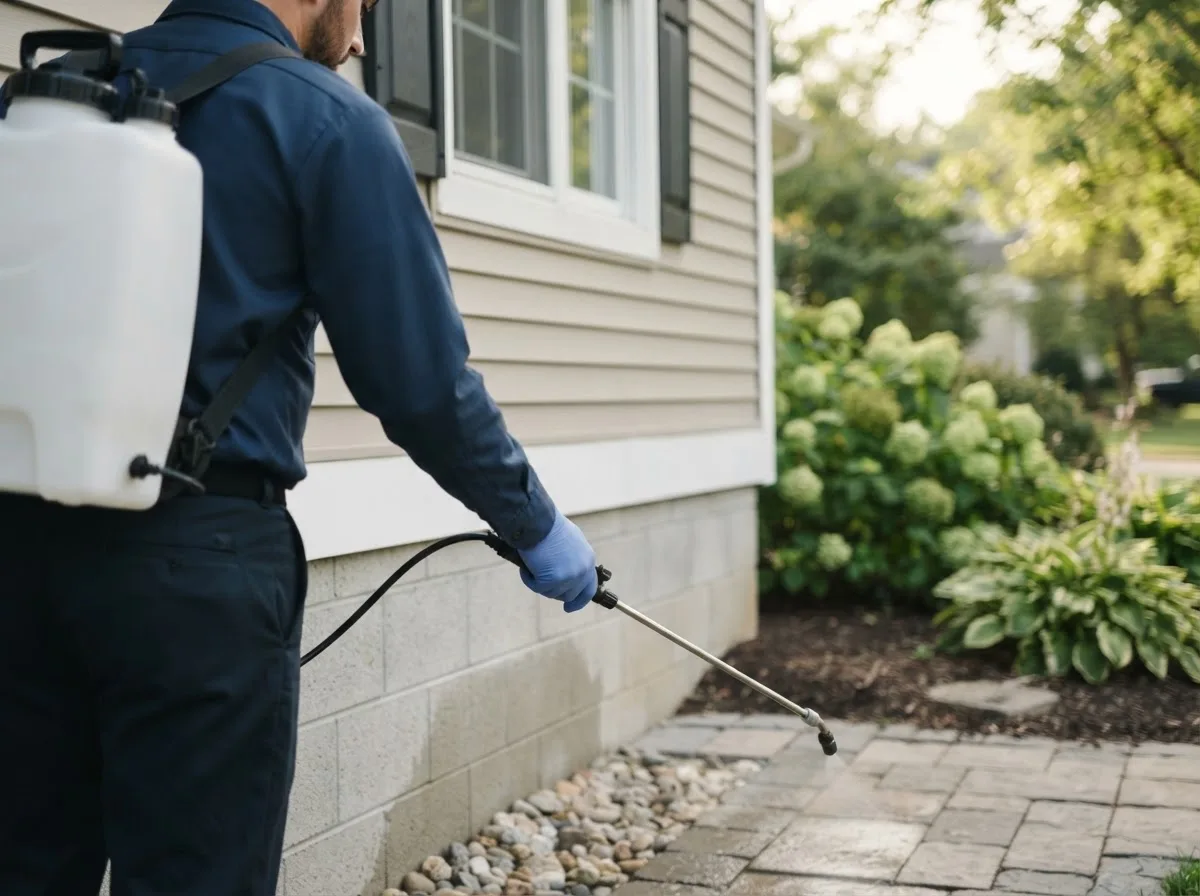 Pest control technician inspecting a home in Imogene, IA